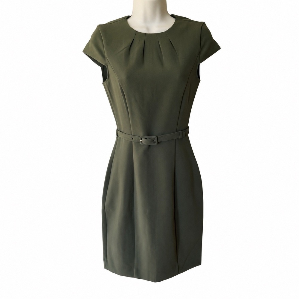 H&M Green Cap Sleeve Belted Sheath Dress XXS Pleated Neckline Business retro ins
